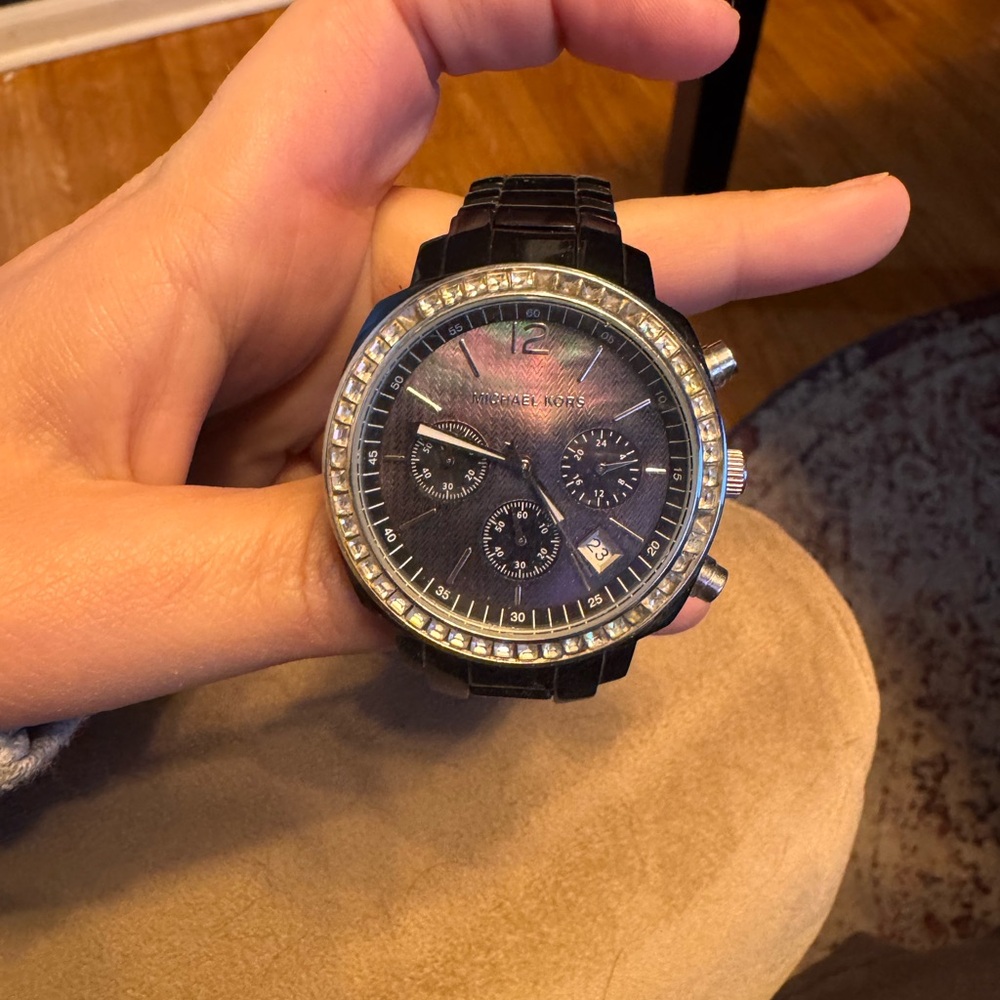 Michael Kors Black and Silver Watch with Crystal Accents